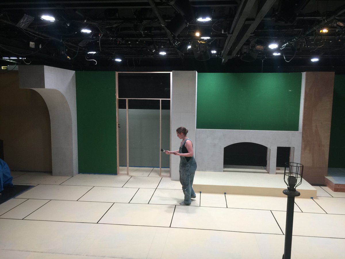 capstage's tweet photo. Scenic charge Samantha McLean Haas doing a spatter treatment on THE WICKHAMS floor. THE HUMANS set was JUST there. Our build turnaround is crazy. See the finished product December 4th! https://t.co/zdhXNcxM4O #NYtoEngland #jollygood #amazingbuilders https://t.co/V1lpLtnmId