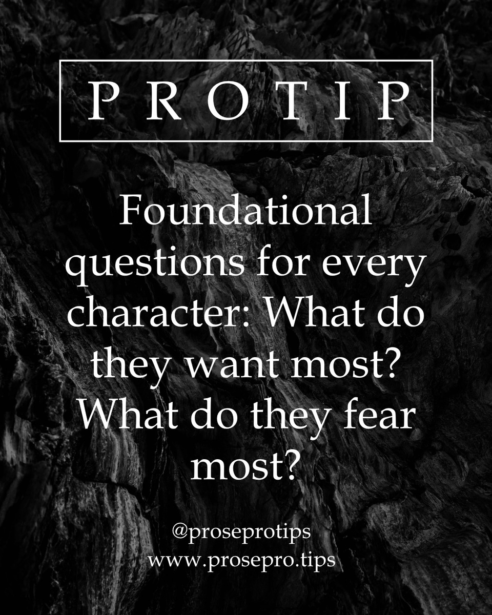 ProseProtips's tweet image. Foundational questions for every character: What do they want most? What do they fear most?
.
.
#nanowrimo2019 #writingtips #writingadvice #proseprotips #howtowriteabook #writerscommunity