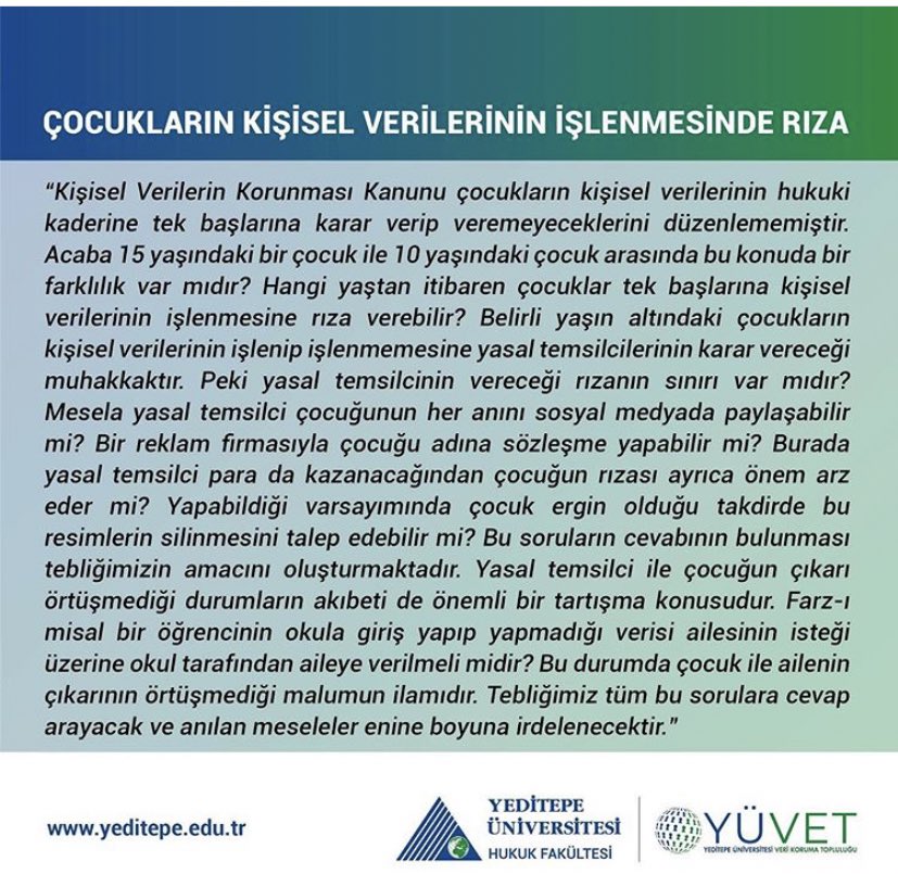 4Aralık 2019 tarihinde gerçekleşecek olan, YÜVET üyelerinin KVKK'ya dair güncel sorunlar ile ilgili tebliğlerini sunacağı öğrenci sempozyumuna davetlisiniz! Sırasıyla tebliğ sunacak üyelerimizin özetlerini sizlerle paylaşacağız! #yüvet #sempozyum