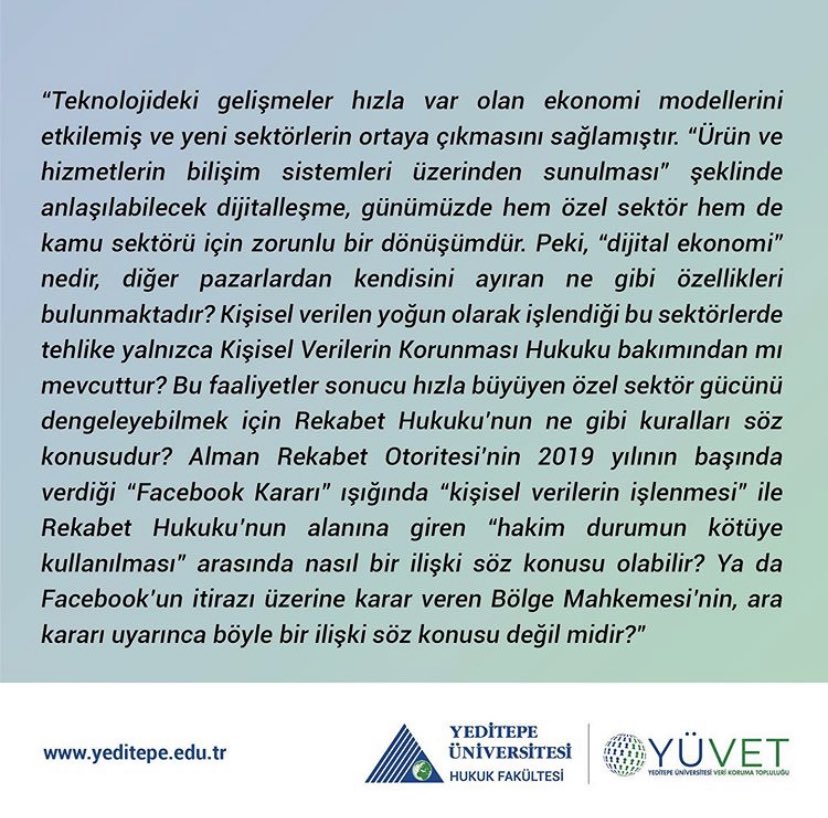 4Aralık 2019 tarihinde gerçekleşecek olan, YÜVET üyelerinin KVKK'ya dair güncel sorunlar ile ilgili tebliğlerini sunacağı öğrenci sempozyumuna davetlisiniz! Sırasıyla tebliğ sunacak üyelerimizin özetlerini sizlerle paylaşacağız! #yüvet #sempozyum