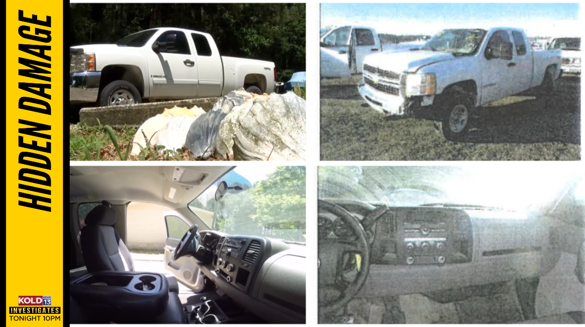 cfrancisKOLD's tweet image. KOLD INVESTIGATES: A dealership sold the truck on the left with a clear title, no declared damage. But old photos reveal what it used to look like ... a wrecked, flooded mess. Learn more about #HiddenDamage tonight at 10 p.m.