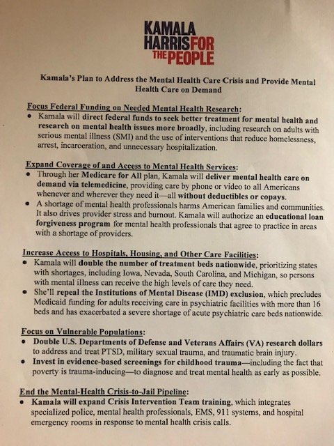 All of us at the event received this handout, which provides details on  @KamalaHarris's mental health care plan. 3/