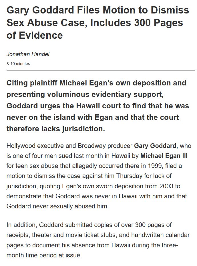 Edwards' article accuses Gary Goddard of abuse some 40 years prior. The accused was never tried in court & maintains his innocence. Another who accused him voluntarily withdrew his case after Goddard filed a 300 pg exhibit-based motion showing he wasn't on island at time alleged.