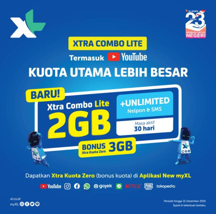 Dapatkan dan aktifkan  XTRA COMBO LITE 2GB di smartphone kamu ya.
Selain Kuota Utama Lebih besar kamu juga bisa dapatkan bonus Xtra Kuota Zero 3GB di app MyXL.

Buruan jangan sampai kehabisan karena periodenya hanya sampai Desember 2019.

#XtraComboLite2GB