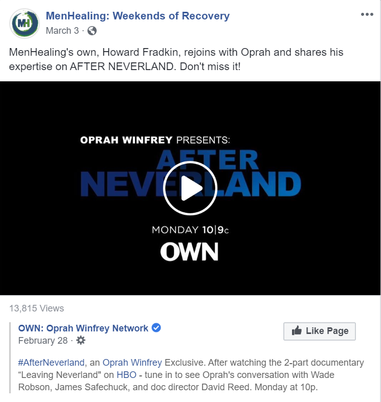 Fradkin uses his Oprah connection as part of his own credentials & promotion of his CSA group: "featured as an expert on Oprah Winfrey's '200 Men' show..."He also uses it to self-promote on FB and makes post-after-post to excitedly promote Oprah & LN, complete w/ CSA hashtags.