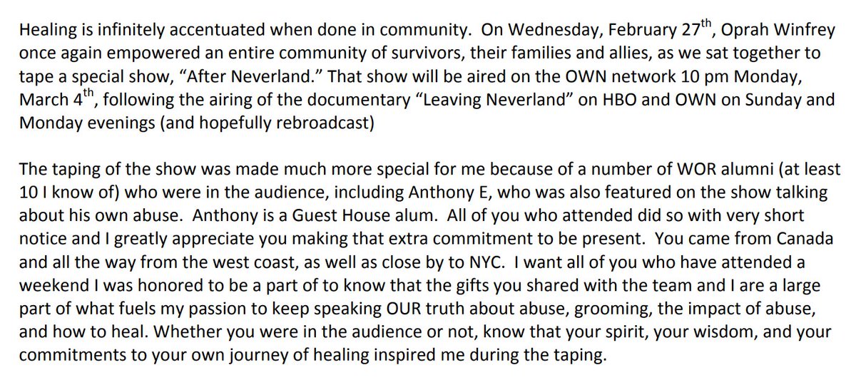 After LN, Fradkin sent a newsletter to his members where he described the "empowered" experience of being the expert for Oprah's Feb 27 taping.Fradkin notes Anthony Edwards was his alumni & how at least 10 others in attendance were from Fradkin's group. https://menhealing.org/resources/Documents/External%20Fliers/After%20Neverland%20-%20Oprah%20Taping%20-%20Fradkin%20Reflections%20-%203-03-19.pdf