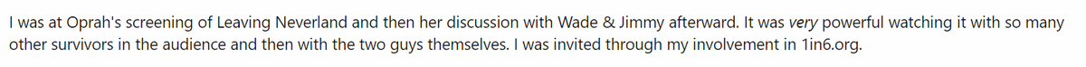 As part of the MaleSurvivorOrg community, many members & leaders have engaged in promoting and commending LN across dozens of threads. Many members from the group were part of Oprah's screening and indicated they were recruited through various group emails including Edwards').