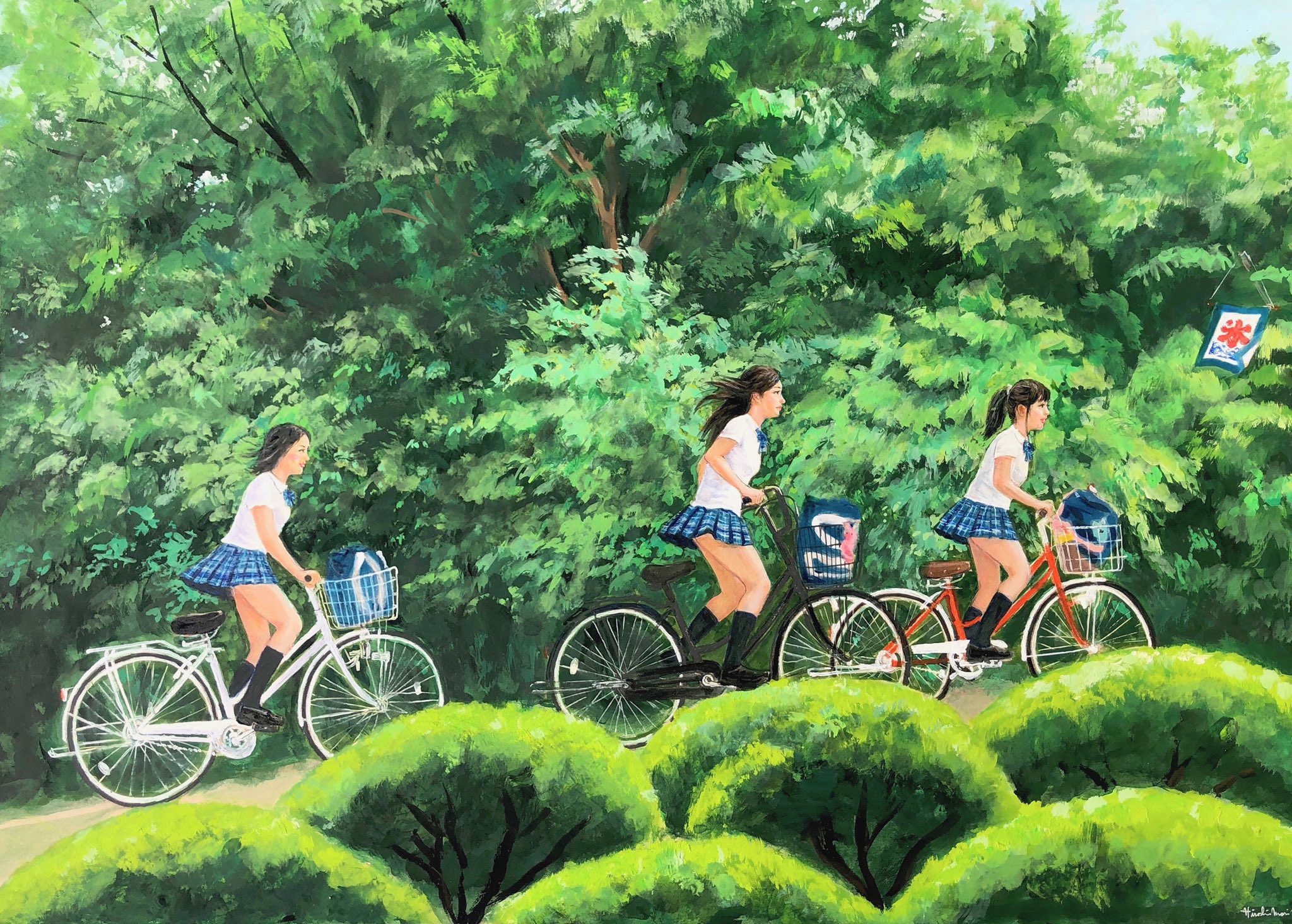 女子高生　自転車通学風景 夏の緑&自転車JK🚲架空の風景😉 #絵 #森宏 #植物 #真夏 #可愛い #緑 #植物 #green #関東  #painting #jk #女子高生 #girls #summer #夏 #坂道 #slope #bycicle #自転車 #通学路 #cute # 女子達 #illustration #写実 #japan #樹木 #tree #giant #