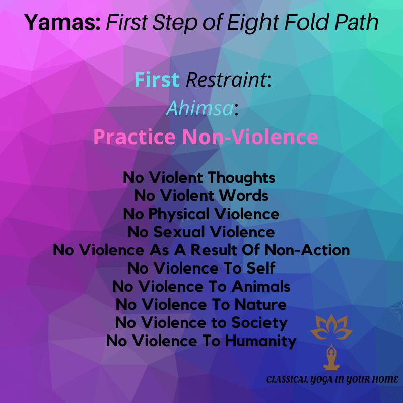classic_yoga's tweet photo. Yamas is the first step of the 8 fold path. #Ahimsa is the first moral restraint. I have listed 10 ways to #practicenonviolence. There are 71 others, according to Vyasa, a well-known commentator. One can spend months/years learning how to apply this restraint. #privateyoga https://t.co/lxpPlE3Rlp