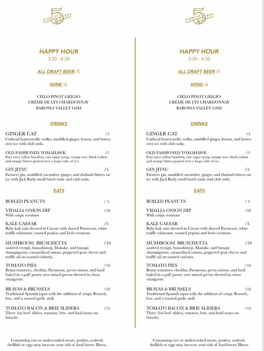 FinchandFifth's tweet photo. Double the pleasure. Double the fun. Presenting the new Happy Hour—7 days a week, from 3:30-6:30 pm, &amp; includes a selection of your fave food items.  In search of a snack &amp; drink? You know where to go. 🍸#finchandfifth #happyhourmenu #drinks #nosh #surreycenter #augustaga https://t.co/CK5g3kE1wr
