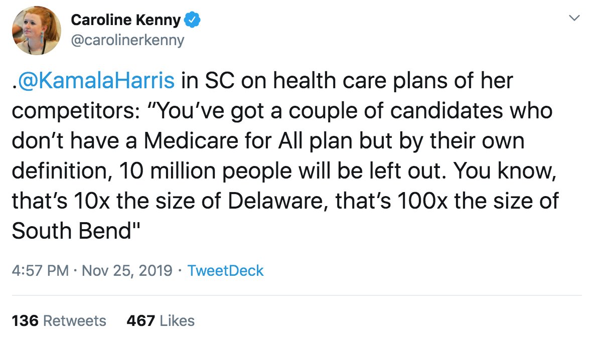 The crowd also really liked  @KamalaHarris's new line about Biden's & Buttigieg's health care plans. It felt like the crowd was glad someone finally mentioned the size of South Bend, Indiana at a campaign event. 15/