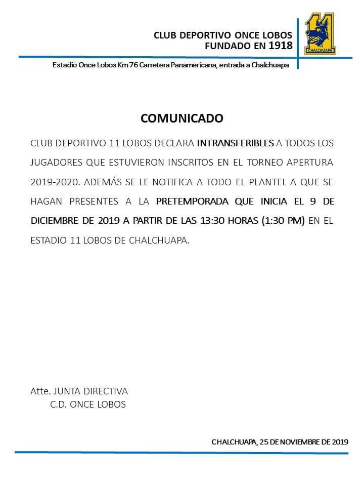 italohdez's tweet photo. El Once Lobos deja claro que no dejará salir jugadores de su plantel para el Clausura 2020.
#SegundaDivisión
#ElSalvador
#Apertura2019
#OnceLobos https://t.co/nsQdo1r5mA