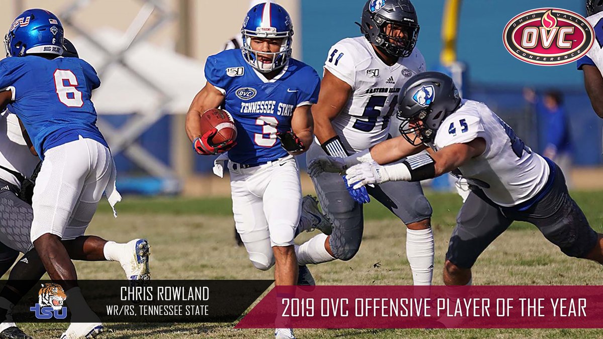 OVCSports's tweet photo. 2019 OVC Football 🏈 Offensive Player of the Year: @TennStateFB WR/RS Chris Rowland (@crowland30)

Ranked 1st in FCS in receiving yds (1,437), receiving yds/gm (119.8), 2nd in all-purpose yds (175.83/gm), 3rd in receptions/gm (8.7) &amp; 22nd in KO returns (25.0 ypr)

#BigBlueRising https://t.co/cFUeZNY8St