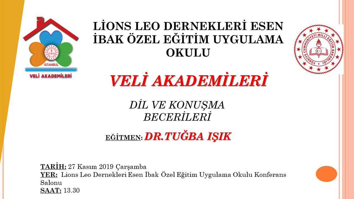 Lions Leo Dernekleri Esen İbak Özel Eğitim Uygulama Okulumuzda  2.sini düzenleyeceğimiz "Veli Akademileri" Eğitimi devam ediyor.
Bütün Velilerimizi bekliyoruz.
@VeliAkademileri <a href="/memleventyazici/">Levent Yazıcı</a>
@mustafauslu64
@istmem_ozegtreh
<a href="/MebOrgm/">Özel Eğitim ve Rehberlik Hiz. Genel Müdürlüğü</a> #SilivriİlçeMEM #VeliAkademileri
<a href="/ist_arge/">İSTANBUL MEM AR-GE</a>