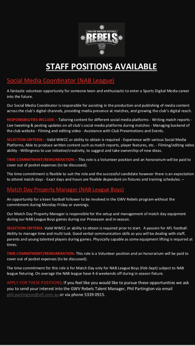 GWV Rebels (@gwvrebels) on Twitter photo Fantastic opportunity to join the GWV Rebels Staff. <a href="/AFL_WD/">AFL Western District</a> @AFL_WM <a href="/AFLGoldfields/">AFL Goldfields</a> @NABLeague <a href="/aflvic/">AFL Victoria</a> <a href="/DraftCentralAus/">Draft Central</a> Fantastic opportunity to join the GWV Rebels Staff. <a href="/AFL_WD/">AFL Western District</a> @AFL_WM <a href="/AFLGoldfields/">AFL Goldfields</a> @NABLeague <a href="/aflvic/">AFL Victoria</a> <a href="/DraftCentralAus/">Draft Central</a>