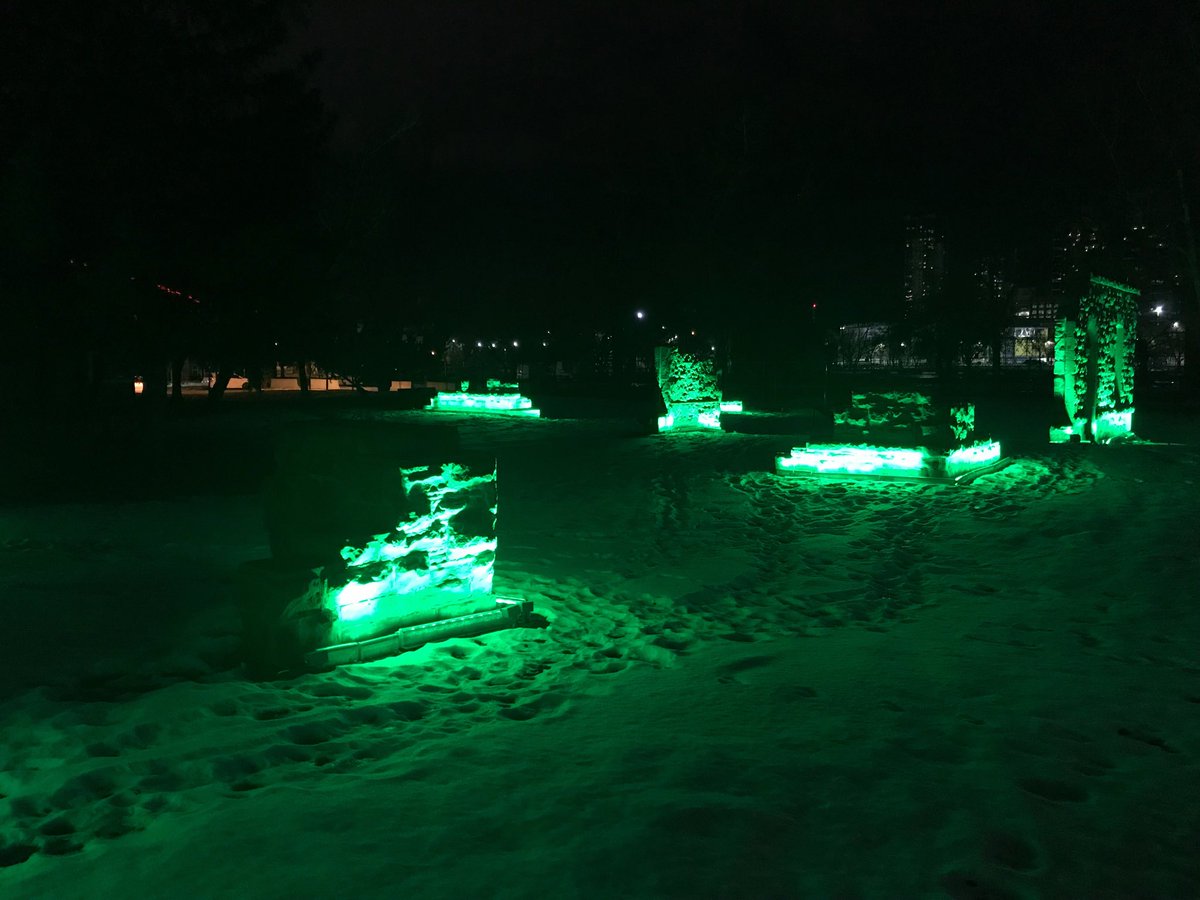CBCScott's tweet photo. The ⁦@calgarystampede⁩ has lit up the Rundle Ruins on 12 Ave. Sure beats a dark green space at night. https://t.co/atOEX1xl1o