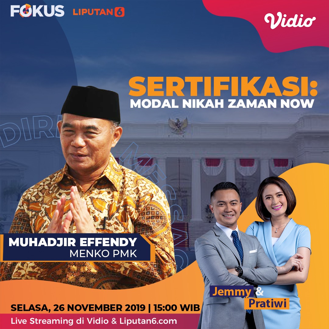 Indosiar's tweet image. Jaman sekarang nikah harus ada sertifikasi? 

Langsung aja kita tanyakan ke bapak Muhadjir Effendy, selaku Menko PMK di #DirectMessage pukul 15.00 WIB 

bit.ly/2KUOQe8 via @vidio