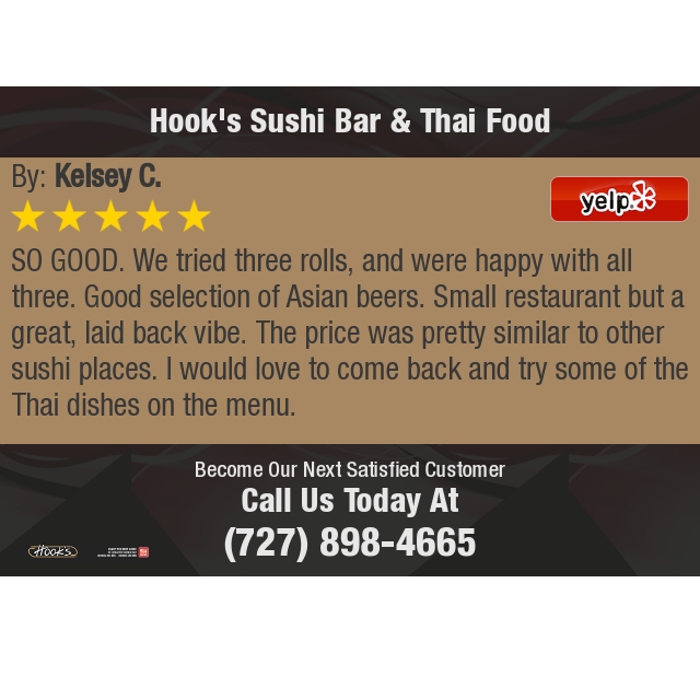 HooksSushi's tweet photo. 5 Star: Kelsey C. "SO GOOD. We tried three rolls, and were happy with all three. Good selection of Asian beers...." https://t.co/8ma2cS0Ijt https://t.co/WGhg4Yosfv