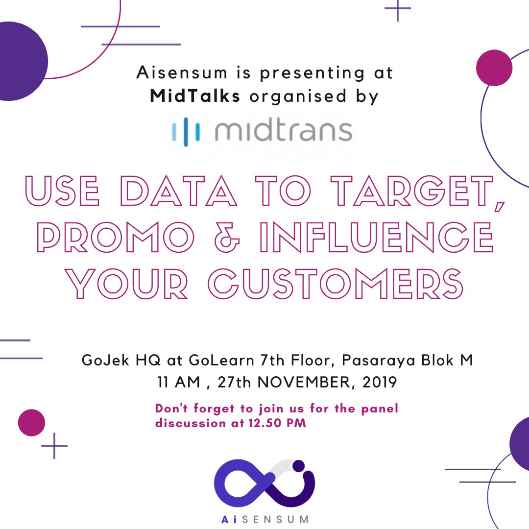 aisensum's tweet photo. Our Global MD Vivek Thomas is excited to share analytics tips to Midtrans merchants. Please join us at our talk, "Use data to Target, Promo and Influence your customers" at
#Midtalks on 27th Nov 11 AM at the GoJek HQ at GoLearn 7th Floor, Pasaraya Blok M.
Looking forward to meet https://t.co/mugPTEC0IJ