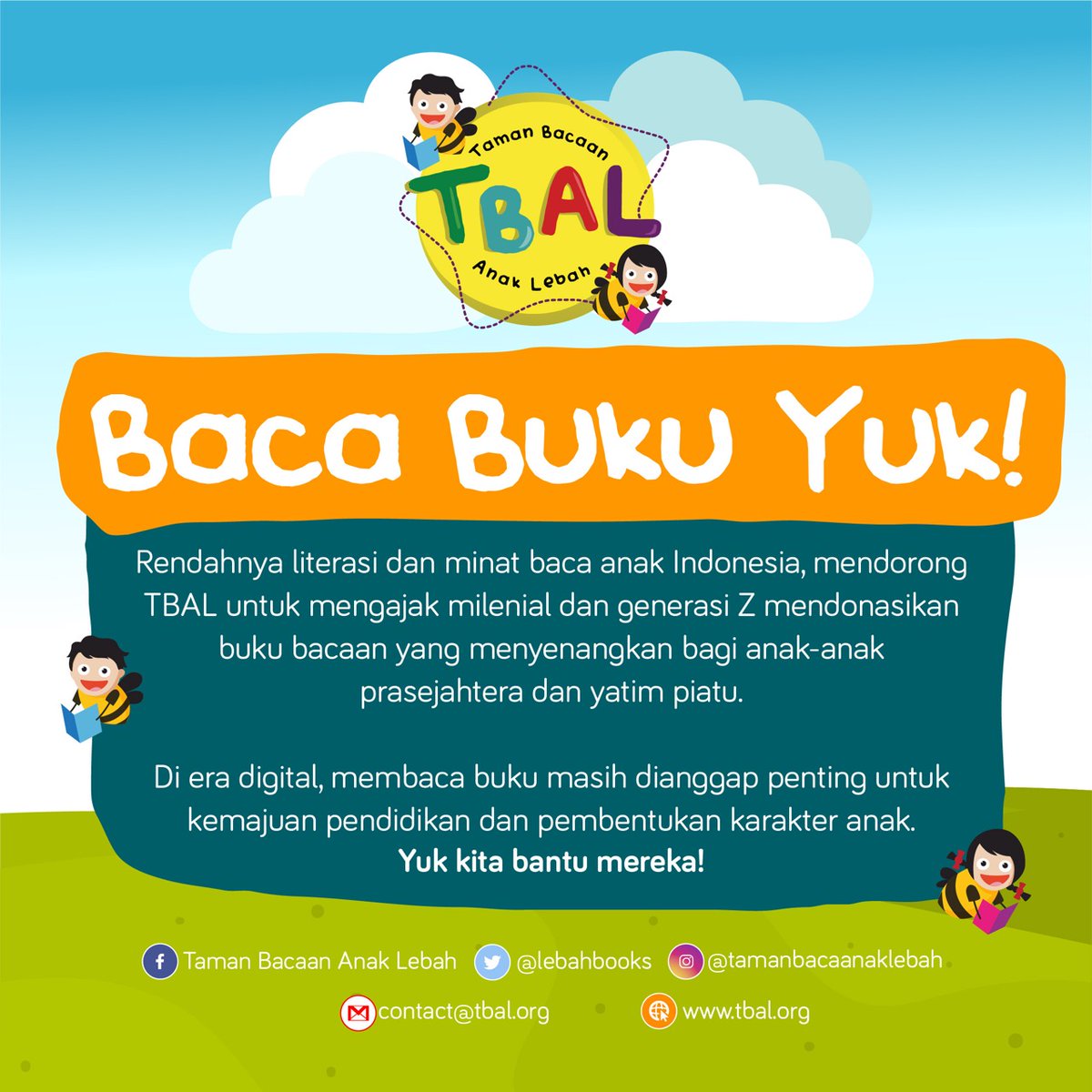 lebahbooks's tweet photo. Yuk ikutan program donasi #BacaBukuYuk !
Mari kita bantu mereka dgn berdonasi buku2 cerita anak, boleh baru atau bekas pakai dgn kondisi layak baca. Simak keterangan berikutnya yaaa... (1)

#tamanbacaanaklebah #lebahbooks #TBAL #tbal #tamanbacaananaklebah #veramakki #elveramakki https://t.co/6SMmv1xjGz