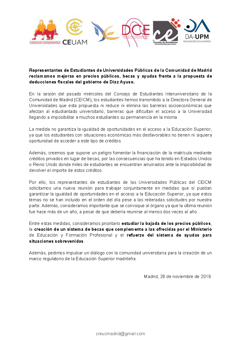 DCE_UCM's tweet photo. @ComunidadMadrid Tras la última convocatoria del #CEICM, las Universidades Públicas de Madrid lanzamos este comunicado conjunto con nuestras impresiones y la deriva que deben tomar este tipo de reuniones. #CREUCAM 
PDF: https://t.co/TNf4KJQv0W https://t.co/EkB58mljAL