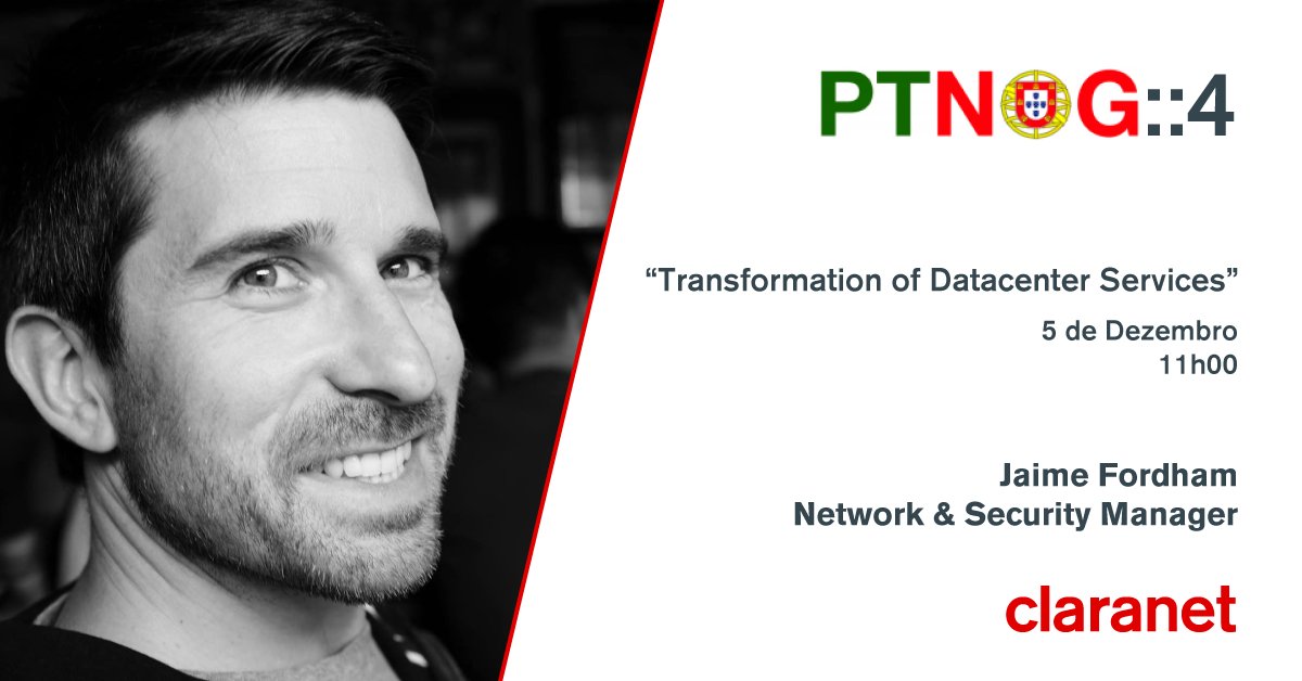 Claranet_PT's tweet photo. @jaimefordham participa na 4a reunião do @PTNOGnews com uma intervenção dedicada a "Transformation of Datacenter Services", sobre a evolução para Next Generation Datacenter.

Informações e inscrições: https://t.co/uLwFJKT76B

#claranetPortugal
#helpingourcustomersdoamazingthings https://t.co/RFmVhPzH0Z