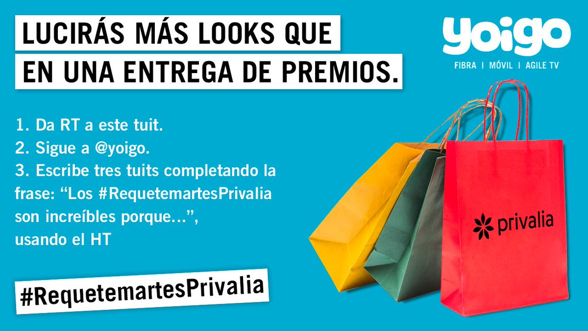 yoigo's tweet photo. 🛍 #CONCURSO 🛍

Los #RequetemartesPrivalia son increíbles porque regalan… ¡500€ PARA GASTAR EN @Privalia_es! 😏

Recuerda, si conseguimos ser TT subimos el premio a 1.000€ ¡Vamos a por ese TT! 

#RequetemartesPrivalia https://t.co/J4Joa4rXnc