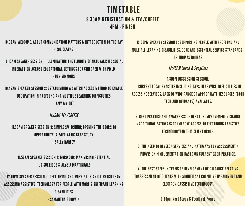Comm_Matters's tweet image. Check out the timetable for &apos;Where Next for People with Cognitive Disabilities &amp;amp; Electronic Assistive Technology?&apos; Study Day this Friday!

#CMStudyDay2019 #learningdisability #cognitivedisability #AAC #electronicassistivetechnology