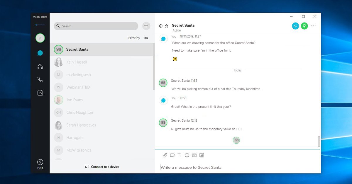 #WebexTeams is the WhatsApp of the business world. The secure group messaging function is perfect for coordinating the office Secret Santa! 🎅👍Get in touch if you'd like a free 30 day trial: ow.ly/GDqu50wXqRz