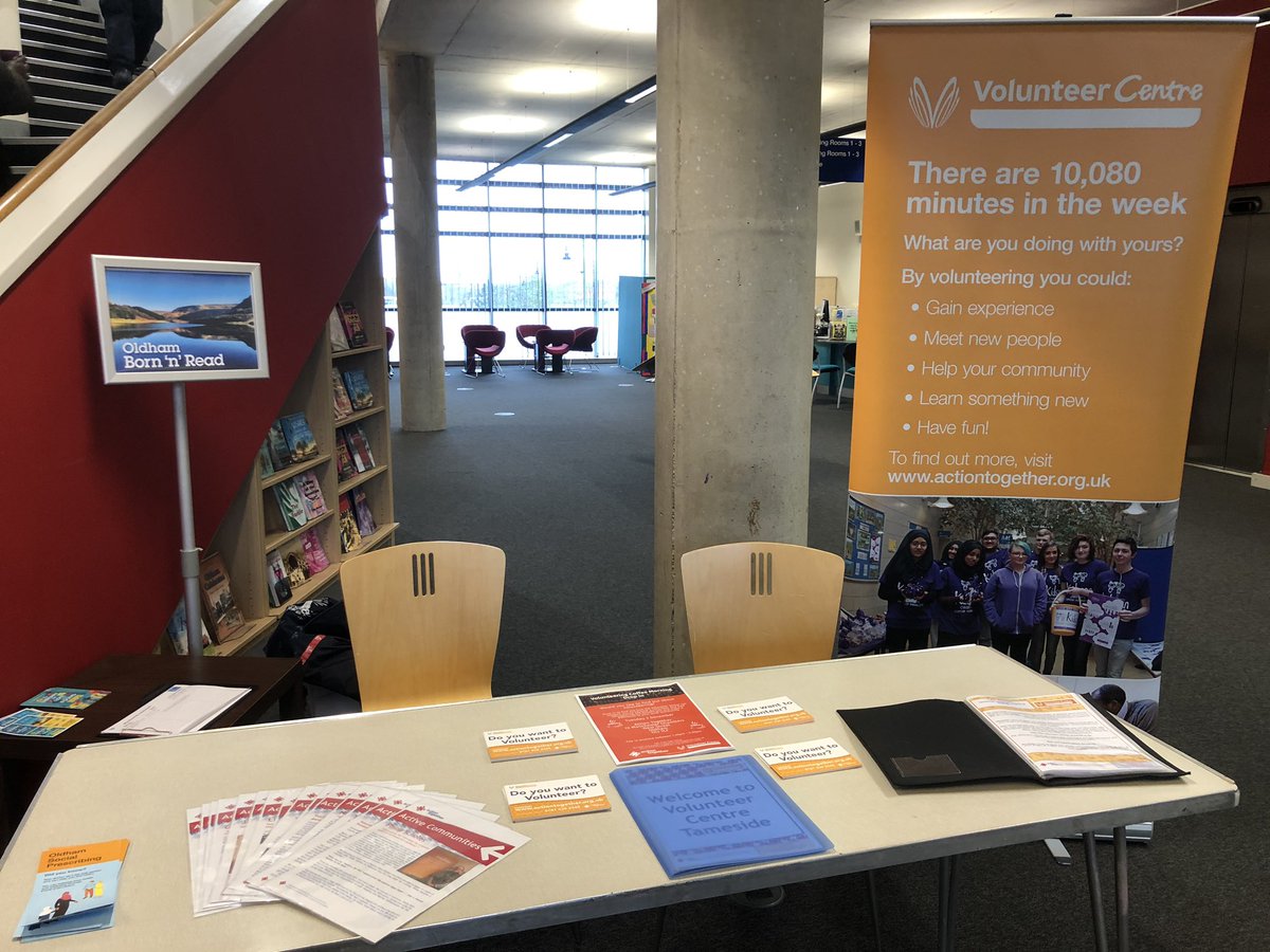 We are at #Emergingcommunities open day, 10.30 to 12.30 at Oldham Library promoting #volunteering. Come and have a chat if you are in the area. #shareskills #getactive #makenewfriends or you can call us on 0161 339 2355 or e-mail us at volunteering@actiontogether.org.uk