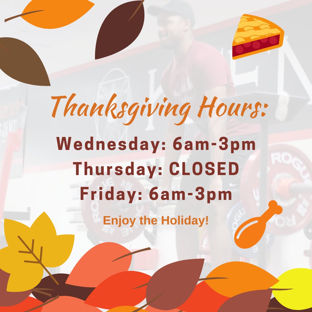 KeenStrength's tweet photo. We hope everyone has a safe and happy holiday! 🦃🍖🍰🥧Here are our hours for Wednesday-Friday.

Weekend hours are normal (8am-6pm)! https://t.co/Nrb9eZR245