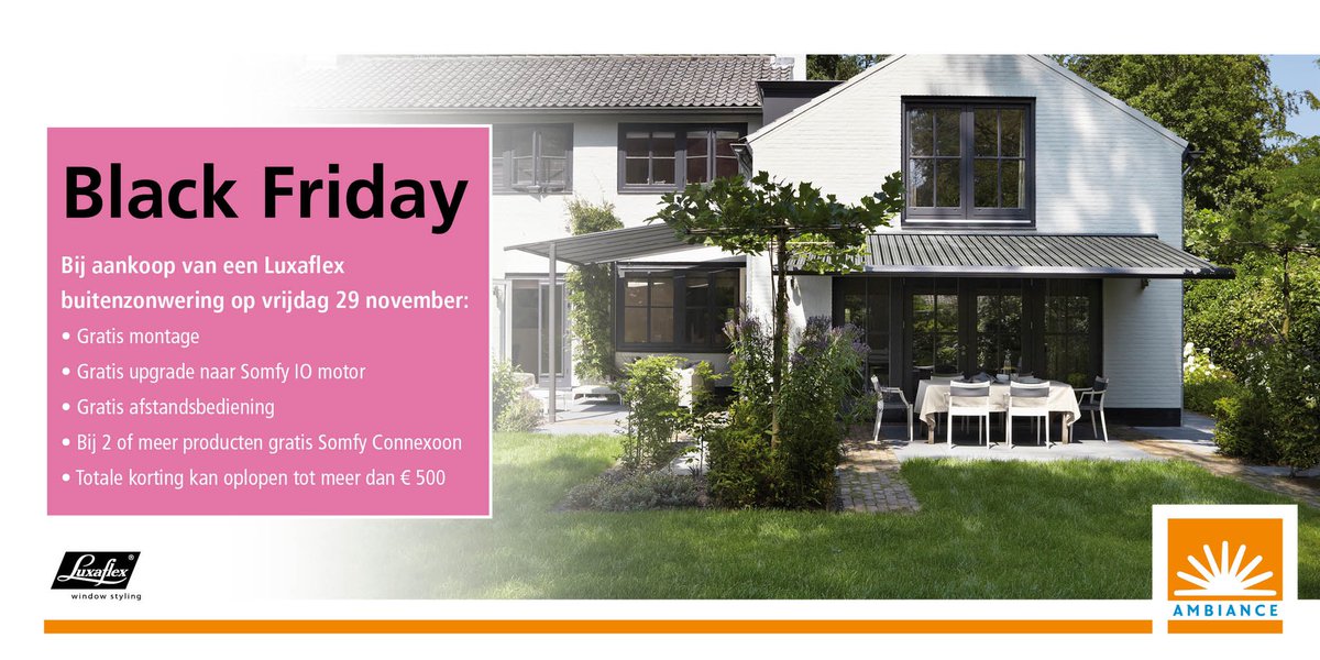 #BlackFriday #korting #zonwering 
Kom vrijdag 29 november langs en profiteer van bizarre korting! #luxaflex
