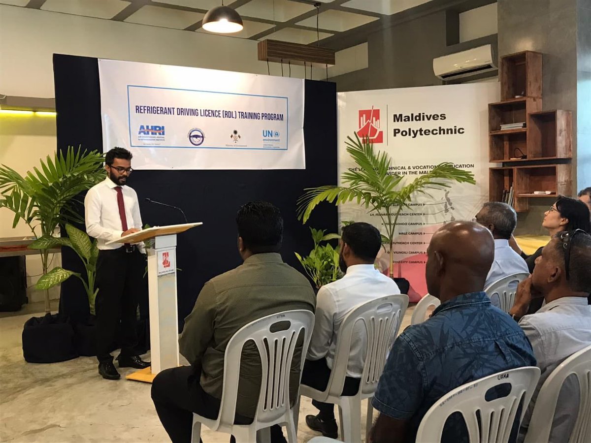 MoHEmv's tweet photo. The second batch of “Refrigerant Driving License (RDL)” training, a global refrigerant management initiative, was inaugurated by the Deputy Minister of Higher Education, Ismail Zabeeh this morning in a function held for the purpose at the Maldives Polytechnic. https://t.co/Y3rHiFe04O
