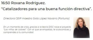 pabloMninirola's tweet image. "Catalizadores para una buena función directiva" Ponencia de Rosana, Directora del CEIP Sixto López Navarro. #3ideas #educación #marketingeducativo #innovacioneducativa @euterpe197@pabloMninirola @CECEducacion @santillana_ES @ColeBuen_Pastor              
              
@Educarm