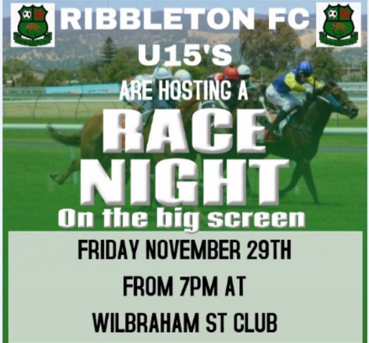 RibbletonFC's tweet photo. A reminder about our U15's Race Night on Friday. Tickets are £4 and kids are free so bring them along. Food is also available on the night ⚽️💚 https://t.co/0hRdosx9I5