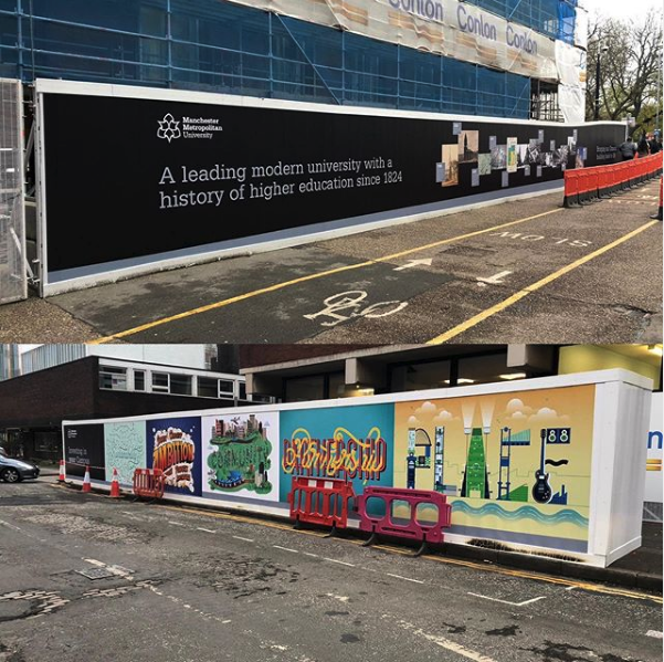 LinksSigns's tweet photo. Did you catch our striking #HoardingGraphics installed for @ManMetUni? 🎓👨🏻🎓
We dressed two hoardings with a matte finish printed on @Metamarkuk and they're looking brilliant - what a creative way to spruce up a construction site! 🤩👷🏻♀️
https://t.co/CLhYabbg9q https://t.co/GRpzwhS5vO