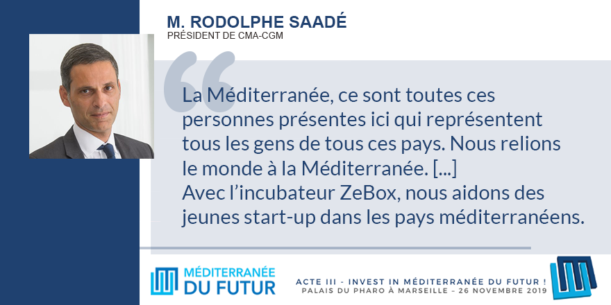 MaRegionSud's tweet photo. La Méditerranée, ce sont toutes ces personnes présentes ici qui représentent tous les gens de tous ces pays. Nous relions le monde à la Méditerranée. [...] Avec l’incubateur ZeBox, nous aidons des jeunes start-up dans les pays méditerranéens. Rodolphe Saadé, Président de CMA-CGM https://t.co/mWJzXvAMHO