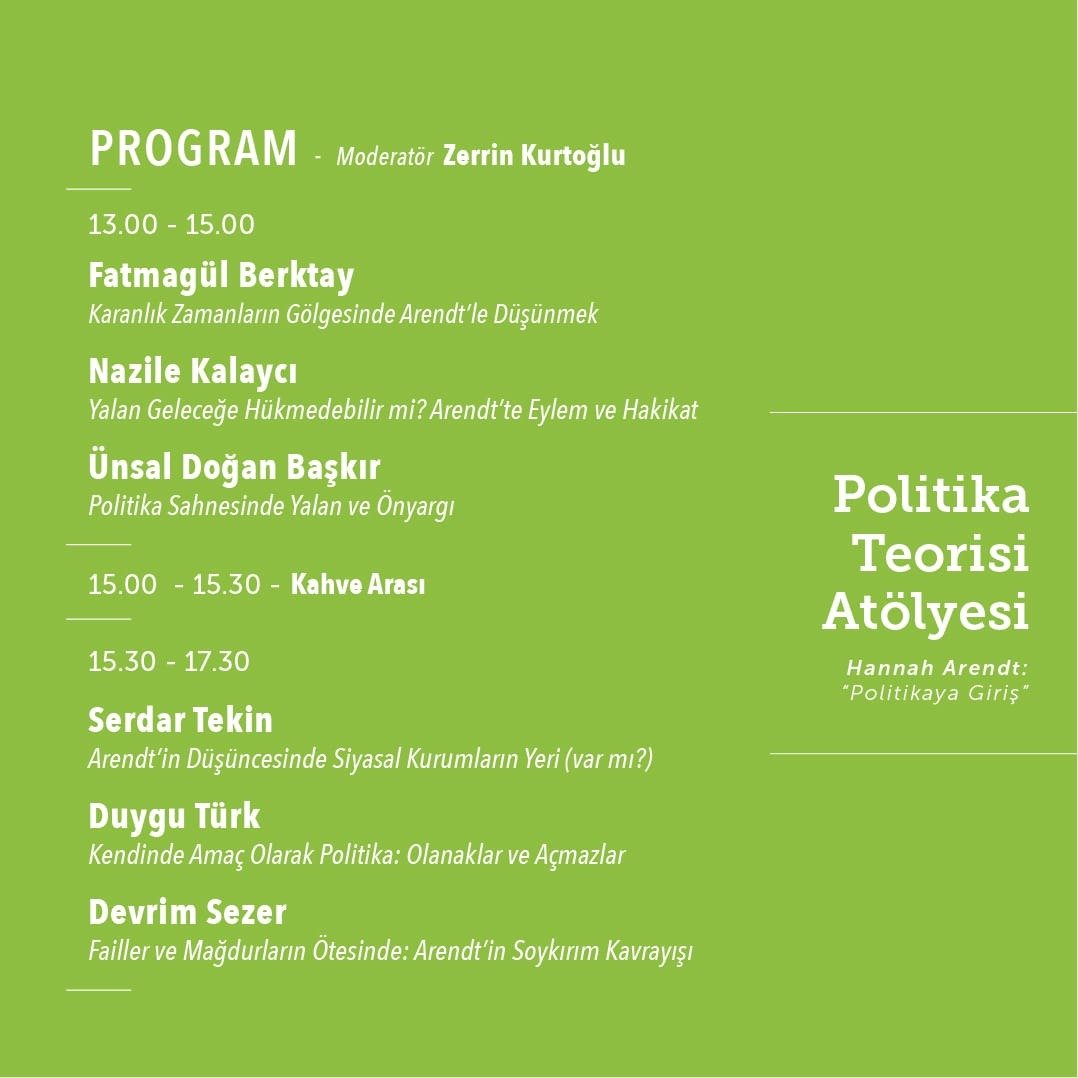 HATIRLATMA | Politika Teorisi Atölyesi Cuma 13:00'te!

Politika Teorisi Atölyesi buluşmalarında, herhangi bir dönem veya akımla kendimizi sınırlamaksızın, siyaset felsefesi ve siyasal düşünce tarihinden metinleri tartışmaya açmayı hedefliyoruz. 
+