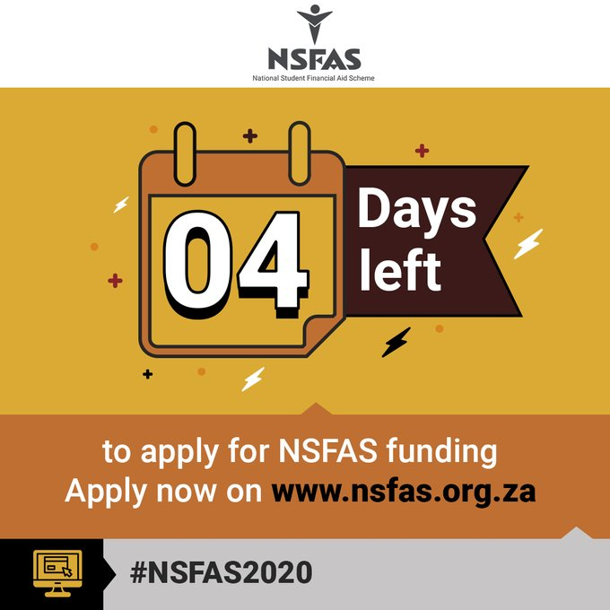 GovernmentZA's tweet photo. It's #chooseday and we choose yet again to remind you that you only have four days left to apply for NSFAS funding. #NSFAS2020 #StudyingMadeEasy #Countdown #TakeChargeOfYourEducation https://t.co/IK7ZIS1ewr