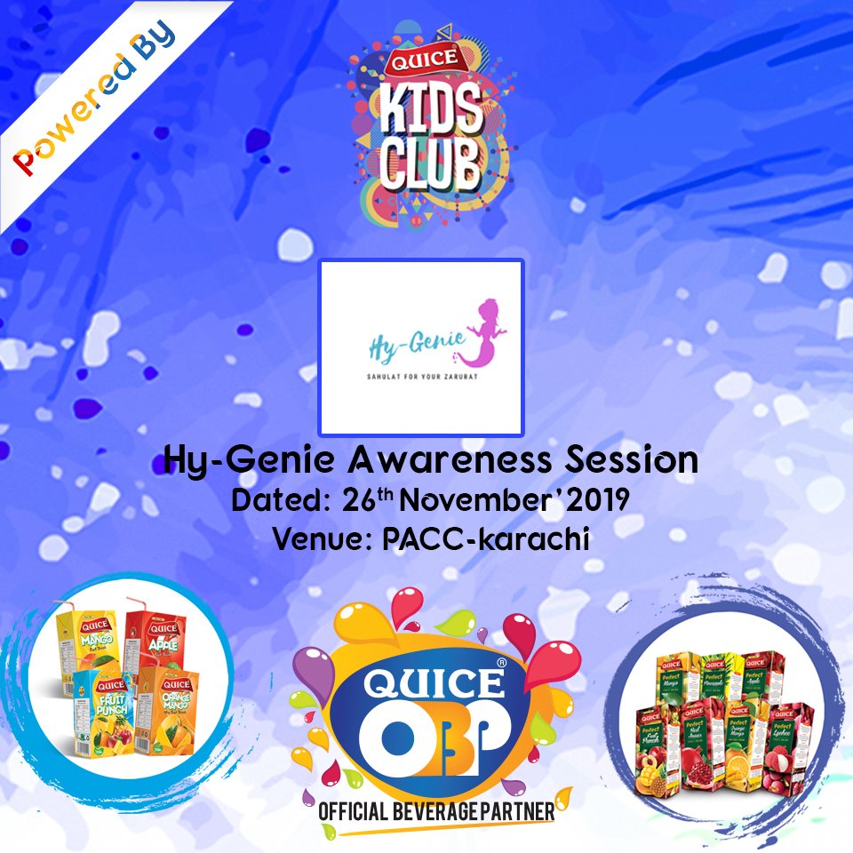 QuiceFood's tweet photo. Quice Upfront with the Vision of Great Nation Great Drink. Proudly Announce to be Official Beverage Partner of the "Hy-Genie Awareness Session and Post Launch Activity" organized by SZABIST, Karachi.

The Event being held at Lincoln Corner, PACC, Karachi on Dt/:26th November. https://t.co/nWPUYtD31W