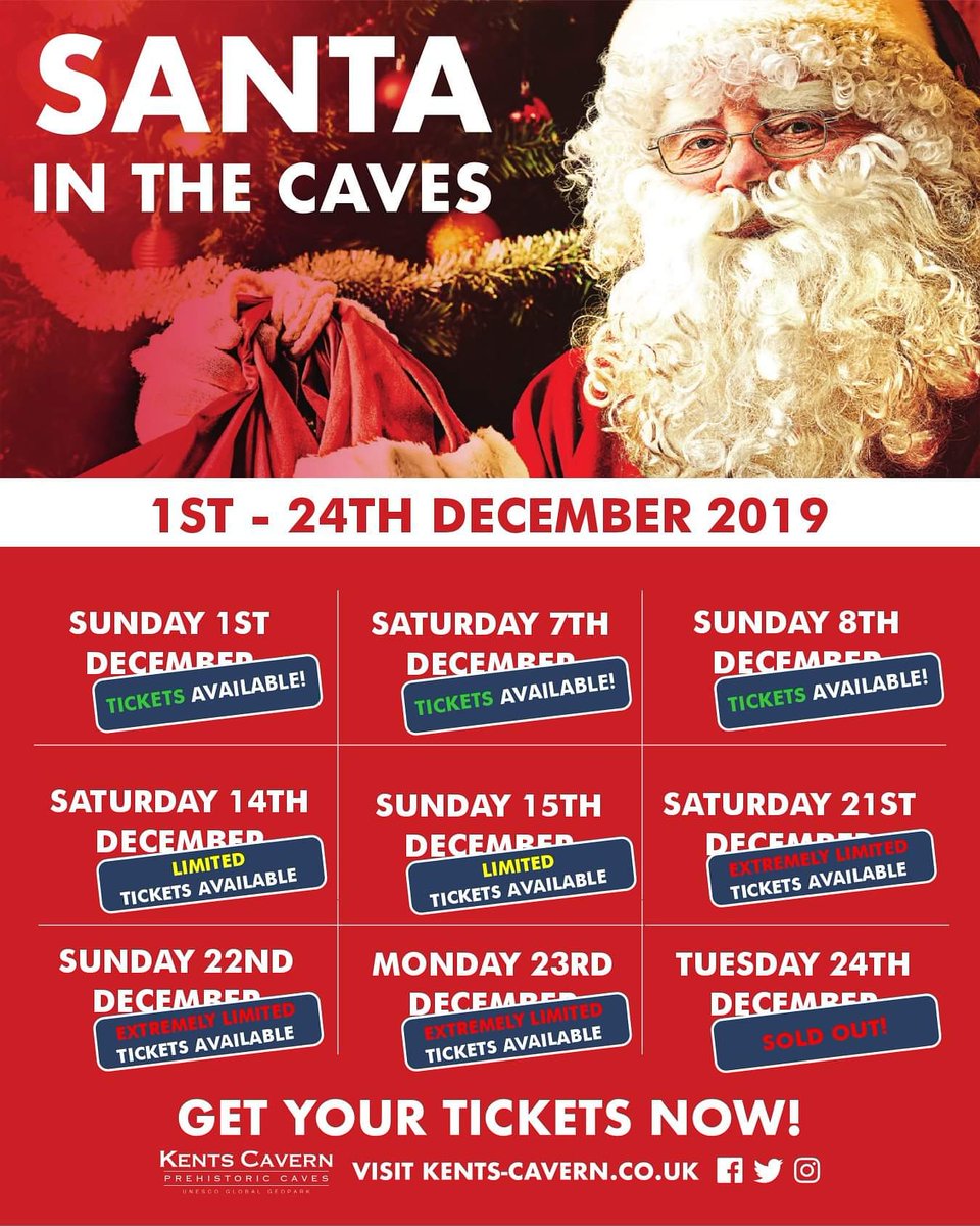 CHRISTMAS TICKETING ALERT
Tickets are flying for Santa in the Caves and with just FIVE days to go until the big man himself arrives, we recommend booking now to avoid disappointment!

We're predicting to be sold out very shortly, so don't delay 🦌

#christmas #TuesdayThoughts