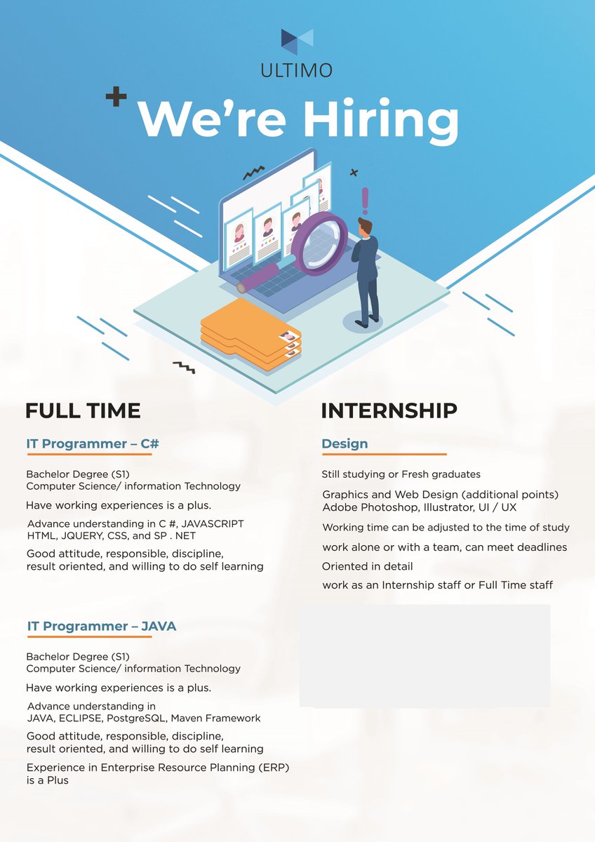 Ultimo Solution (PT. Memori Netindo Jaya) membuka beberapa lowongan dan bagi yang berminat kirim email ke CRC!