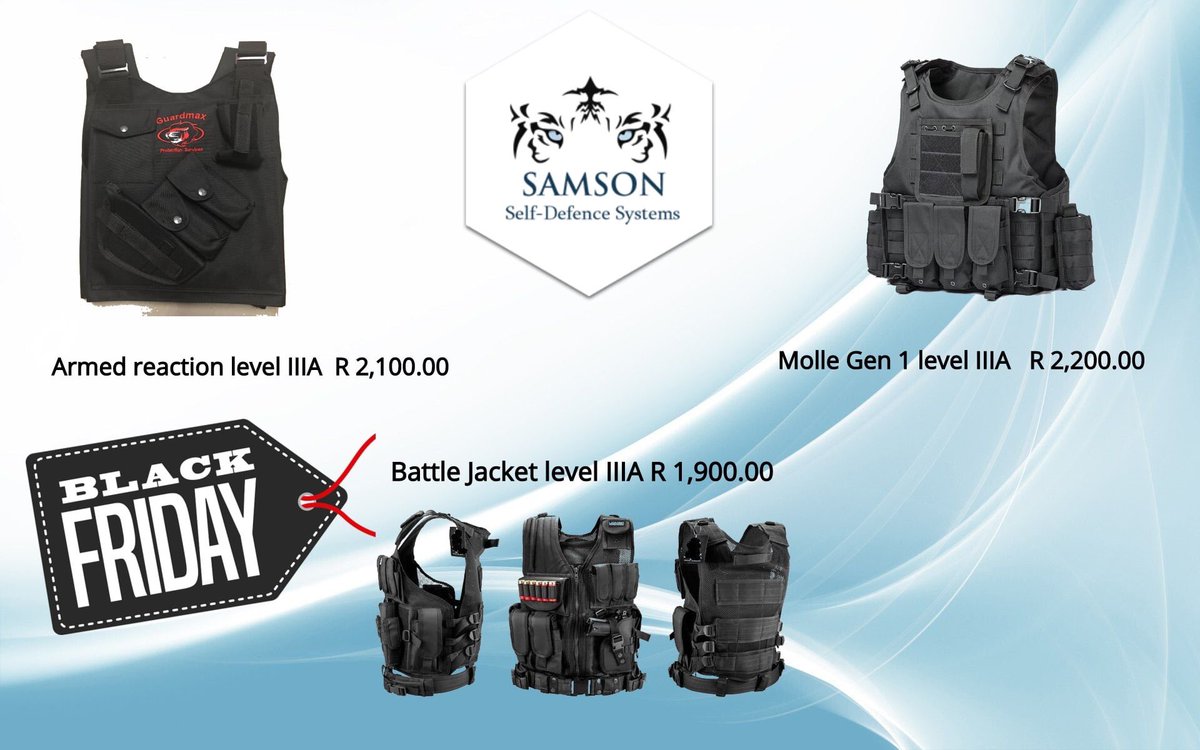SamsonDefense's tweet photo. BLACK FRIDAY SPECIALS 

Armed reaction vests, Molle Gen 1 and The cross draw tactical vest with level IIIA plates front and rear. Upgrade it to AK47 protection for only R 100 extra.

011 568 2376
info@sladeindustries.co.za

#bulletproofvests #armedreaction #blackfriday https://t.co/dLZCnJBNiJ