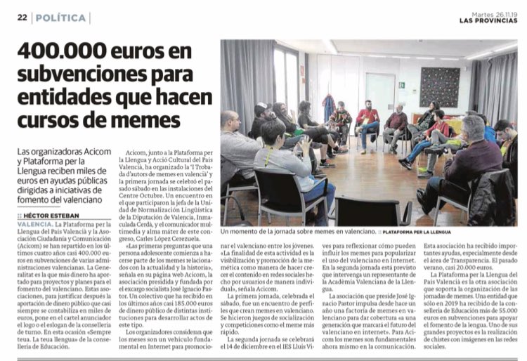 QuiqueVal's tweet photo. La Generalitat Valenciana se gasta 400.000 EUROS en entidades catalanistas para cursos de memes. Repito, CURSOS DE MEMES 😳. ¿Cuántos dependientes se pueden pagar con esto @monicaoltra? ¿Cuántas ayudas a emprendedores? Esta es la prioridad del PSOE, Compromís y Podemos 🔌 💶 : https://t.co/fchr1sH6z2