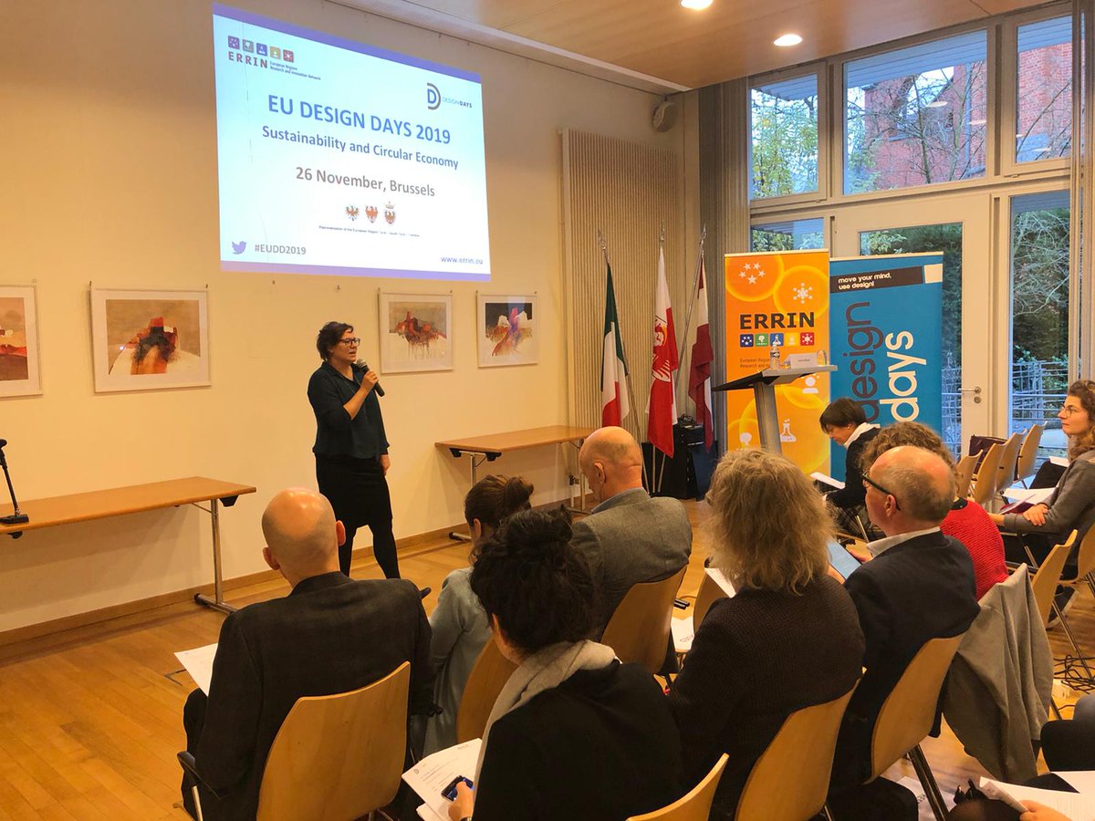 ERRINNetwork's tweet photo. ERRIN director Pirita Lindholm welcomes participants, including many ERRIN members, to #EUDesignDays. This year the theme is Sustainability and #CirularEconomy. The keynote speech by @FulviaRaffaelli from @EU_Commission is underway now. #EUDD19 https://t.co/jz1kNB2sH4