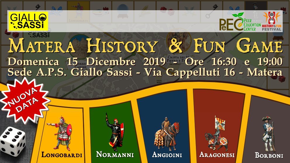 GialloSassi's tweet photo. Comunichiamo che l'evento #Matera #History and #Fun #Game è riprogrammato per Domenica 15 Dicembre. È un avvincente #gioco da tavolo, per testare e approfondire la conoscenza della storia di Matera, dal Medioevo all’Unità d’Italia. Info e prenotazioni: https://t.co/4YAQHVxrSJ https://t.co/Dwr6vlphVC