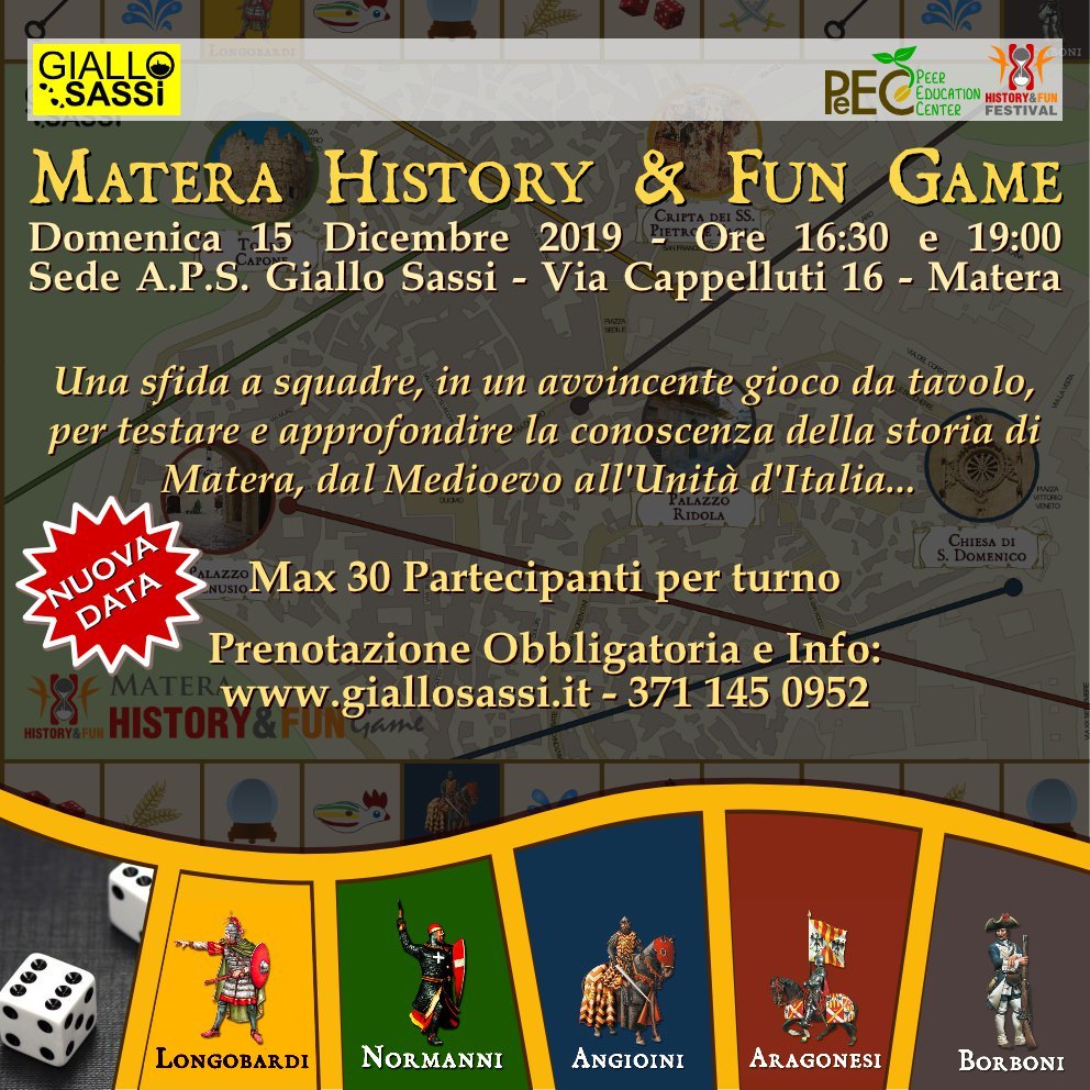 GialloSassi's tweet photo. Comunichiamo che l'evento #Matera #History and #Fun #Game è riprogrammato per Domenica 15 Dicembre. È un avvincente #gioco da tavolo, per testare e approfondire la conoscenza della storia di Matera, dal Medioevo all’Unità d’Italia. Info e prenotazioni: https://t.co/4YAQHVxrSJ https://t.co/Dwr6vlphVC