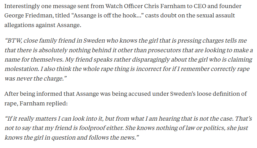 Every single MSM journalist who has reported on the   #ASSANGE case for 9 years has deliberately ignored critical facts.Numero Uno:  @Stratfor knew there was a sealed US indictment. How about this long-forgotten 2012 Stratfor info gem from  @business?  https://www.businessinsider.com.au/stratfor-...