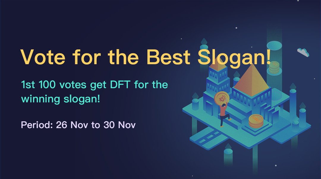 DigiFinex's tweet image. Vote for your favorite slogan now at tiny.cc/sloganvoting! Top 3 Most Popular Slogan winners will receive the following prizes:

1st🥇: 100 DFT
2nd🥈: 60 DFT
3rd🥉: 40 DFT

✦Bonus✦ 
The first 100 voters for the Most Popular Slogan (1st Prize) will receive 1 DFT as a reward!