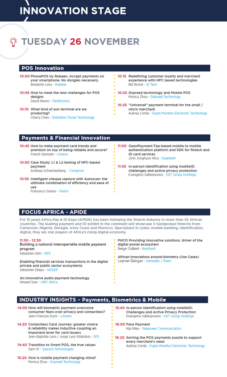 TRUSTECH_Event's tweet photo. Do not miss pitches on the Innovation Stage - Riviera level if you want to hear about #POS Innovation; #Payments &amp; #Financial Innovation; Focus #Africa - #APIDE; #Payments #Biometrics &amp; #Mobile… Discover the Day 1 Programme ▶ https://t.co/RvueXUyeTZ https://t.co/3LkXruGuRq